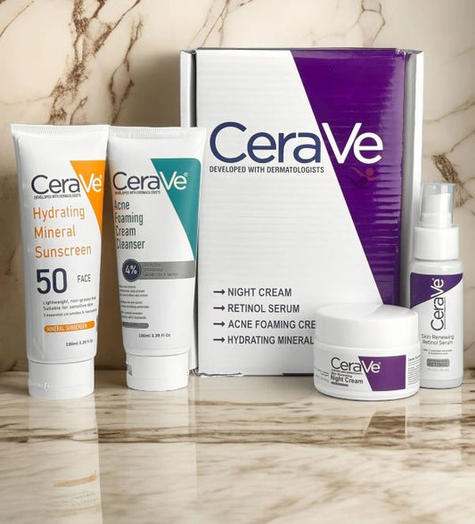 Complete Skin Care Kit – Night Cream, Retinol Serum, Acne Foaming Cleanser & Hydrating Mineral Sunscreen ₨700
