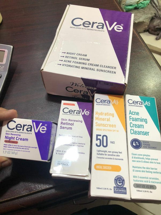 Complete Skin Care Kit – Night Cream, Retinol Serum, Acne Foaming Cleanser & Hydrating Mineral Sunscreen ₨700